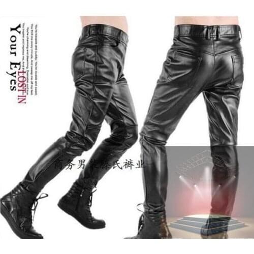 Spring and autumn mens tight leather pants male slim black patchwork PU motorcycle feet pants mens faux leather trousers black
