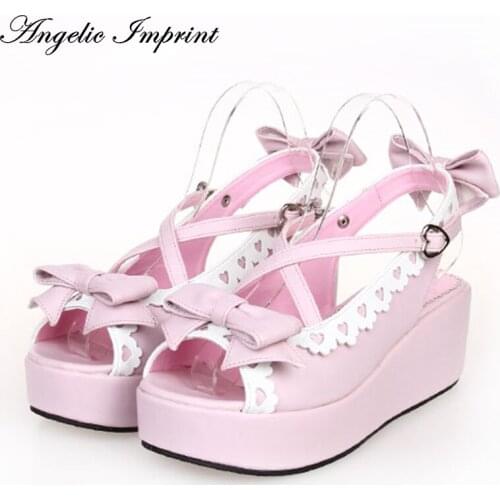 Japanese Sweet Lolita Cosplay Strappy Sandals Lovely Bowknot & Lace Trim Platfrom Wedge Girls Summer Shoes