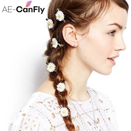 AE-CANFLY 5PCs Women Girls Romantic Small White Daisy Hair Clip Fabric Hair Accessories Gold Hairpins for Hair 2G2002