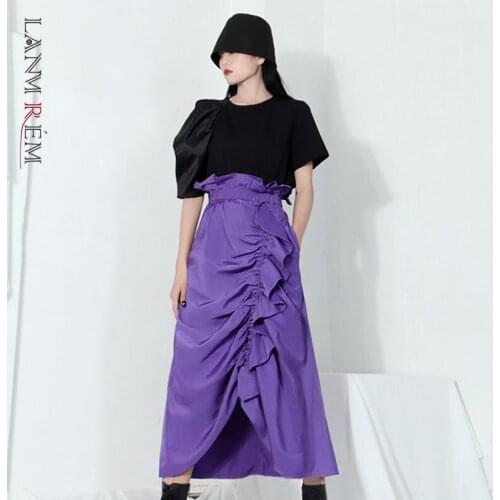 LANMREM Purple Irregular Drawstring Slim Skirt For Women Pleated High Elastic Waist Female Fashion Skirts 2021 Autumn 2W2956