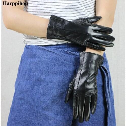 Harppihop Female Gloves Winter Warm Black Genuine Leather Gloves with button Touch Screen Mittens For Woman