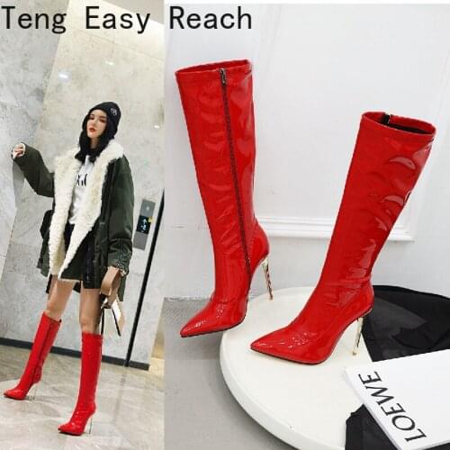 Women Knee High Boots Red Black White Patent Leather Stiletto Heel Pointed Toe Night-club Dancing Sexy Lady Zipper Long Boots
