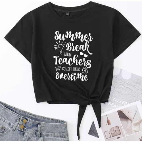Summer Break Knotted Crop Top Shirt Womens Summer Short Sleeve Cotton T-Shirt Cropped Tops Graphic Tee with Front Tie Knot