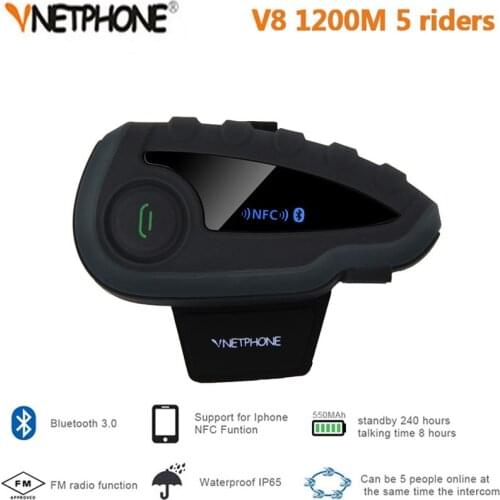 Vnetphone V8 without Remote Control 1200M 5-Way Group Talk NFC Bluetooth Motorcycle Helmet Headset Intercom with FM Radio
