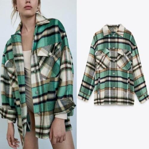 Za Print Woolen Cloth Long Shirt Plaid Stripes Lapel Chest Pocket Single-breasted Design Everyday Leisure Shrit Womens Clothing