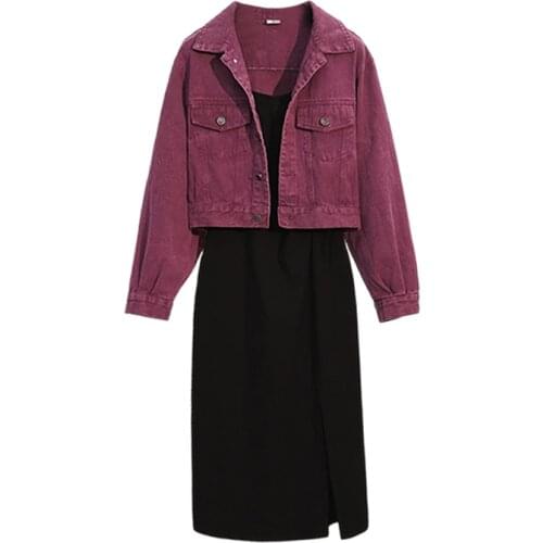 Fashion Plus Size Womens Denim Jacket Suspender Dress Two-piece Set 2020 Spring Autumn Long sleeve Suit Coats Female Tops m655