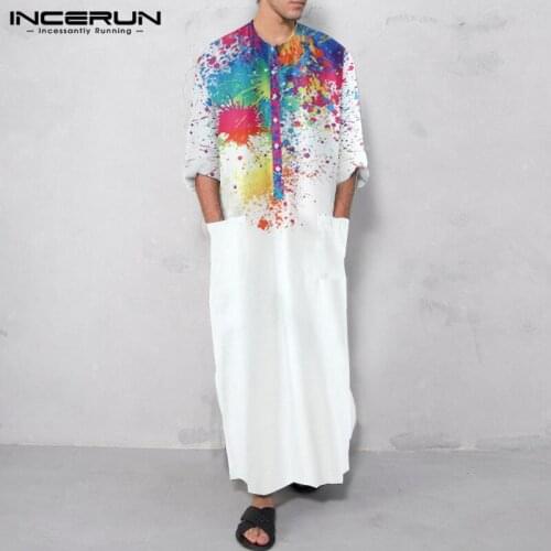 Men Muslim Robes Tie Dye Print Jubba Thobe Dubai Islamic Saudi Arabia Kaftan Long Sleeve O Neck Button Men Clothes INCERUN 7