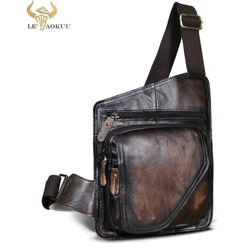 Male Vintage Coffee Genuine Leather Casual Designer Travel Small Crossbody Chest Bag Sling Daypack Shoulder Bag For Men b214