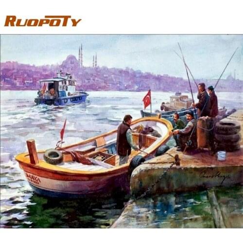 RUOPOTY Cruise And Fisherman Landscape Oil Painting By Numbers For Adults 50x65cm Framed On Canvas Handmade Unique Picture