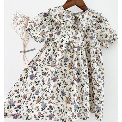 2021 New Girls Dresses French Style Vintage Turn-down Collar Dress Summer Floral Children Clothes DT423