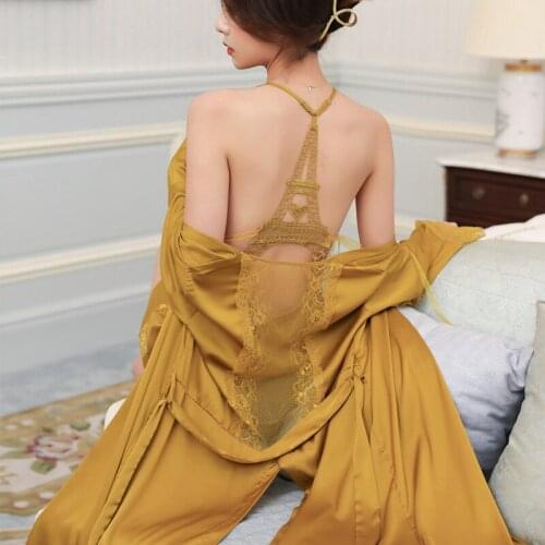 Sexy Womens Rayon Kimono Bathrobe Lace Side Pajamas Summer Open Back Nightdress Iron Tower Design Nightgown With Chest Pad Robe