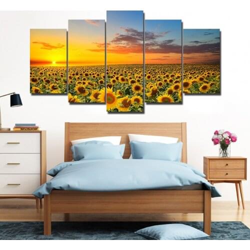 Canvas Printed Poster Wall Art 5 Pieces Sunflower Sunset Paintings Golden Flower Field Pictures Living Room Decor Modular Frame