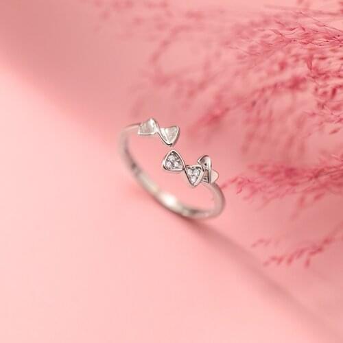 Real 925 Sterling Silver Cute Bowknot Open Rings Micro-paved Zircon Adjustable Ring for Women Girls