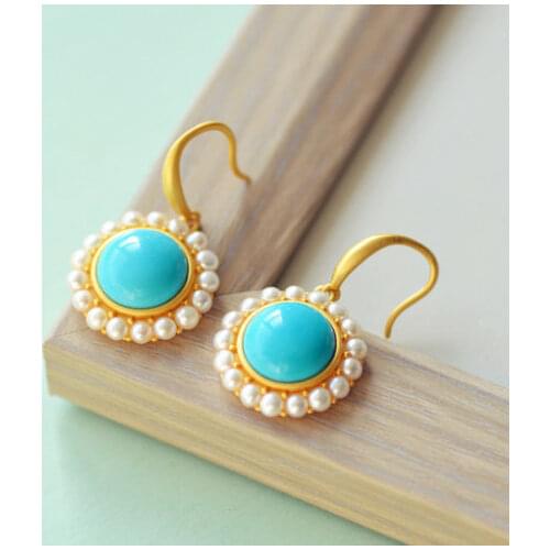 S925 Sterling Silver Sleeping Beauty Turquoise Earrings SUNFLOWER Earrings Pearl round Earrings Light Luxury Royal European Styl