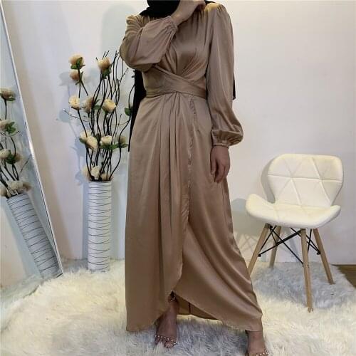 Satin Eid Abaya Dress Muslim Women Solid Color Wrap Front Long Sleeve Ruffles Long Maxi Dress Summer Dubai Turk Modest Wear 2021