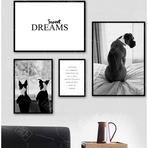 Modern Black and White Canvas Painting Bulldog Dreams Wall Art Nordic Posters And Prints Animals Pictures For Living Room Decor