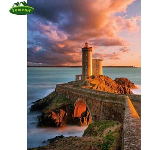 YUMEART DIY Diamond Painting Lighthouse Stand on The Island Embroidery Cross Stitch Square Rhinestone Mosaic Painting Wall Decor