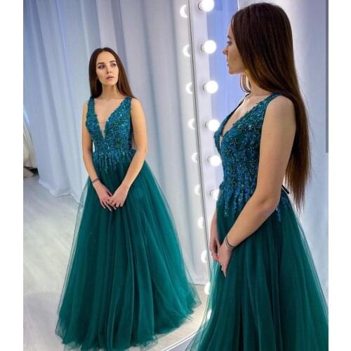 Green Evening Dress A-Line 2020 Sexy V-Neck Crystal Beaded Beading Sleeveless Formal Gowns Party Women Floor Length Graceful