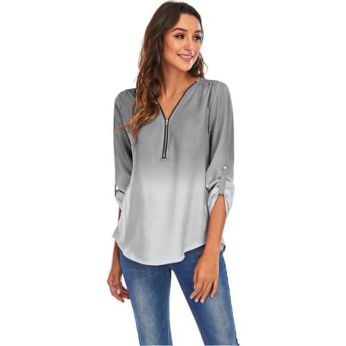 2021 Autumn Summer Casual Blouse Women Top And Blouse Women Shirt Long Sleeve Grey Solid V-Neck Chiffon Shirt