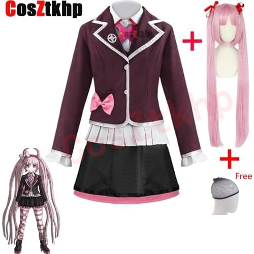 2021 Dangan ronpa 3 Ladies Demon Student Uniform Danganronpa Utsugi Kotoko Full Cosplay Costumes Including Pink Wig Headdress