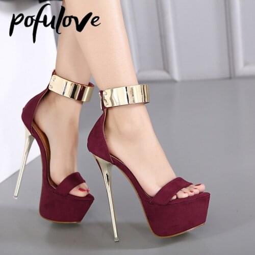 Pofulove Thin High Heels Women Shoes Platform Sandals Open Toe Shoes Sandals Ladies Sandalias Ankle Strap Velvet Party Heels