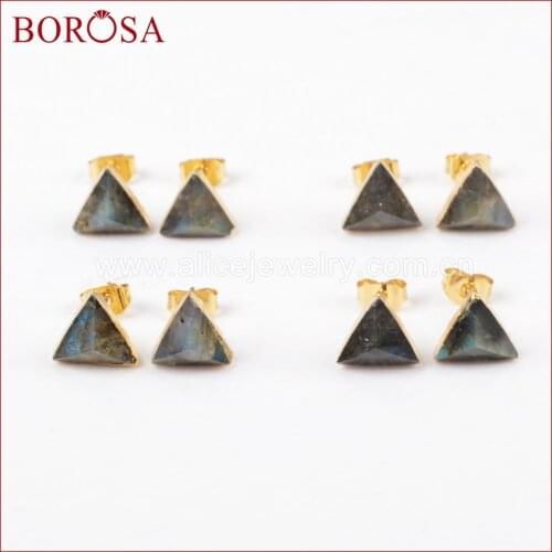 BOROSA 8mm Triangle Natural Labradorite Drusy Stud Earrings for Women Fashion Faceted Stone Druzy Statement EarringsG1300