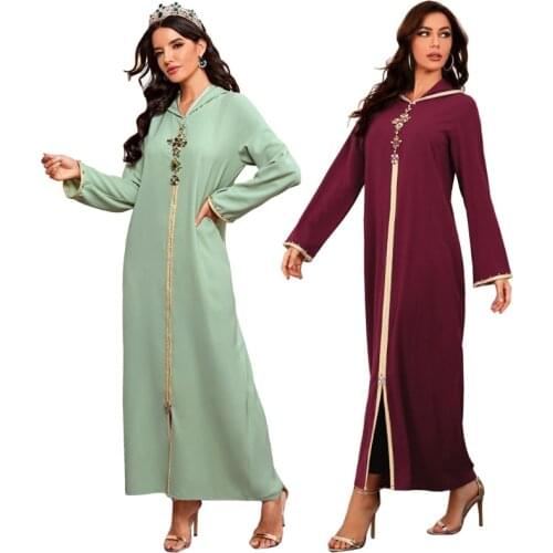 Women Handmade Faux Crystal Floral Muslim Abaya Long Sleeve Hooded Maxi Dress Dubai Kaftan Hijab Robe Islamic Gown Drop Shipping
