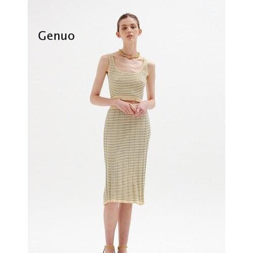 Summer New Womens Suit Skirt Fashionable Single Breasted Horizontal Stripe Sleeveless Vest + Tight Pencil Skirt Knitted Suit