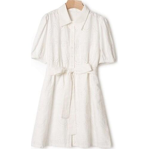 Women Hollow Out Mini Dress 2021 New Puff Sleeve Ladis Turn-Down Collar Single-Breasted Short Robe Waist Lace-up With Sashes