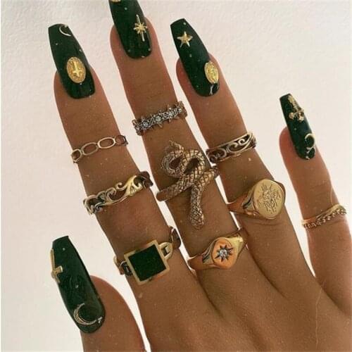 Bohemian Creative Trend Hollow Rings Women Retro Geometric Set Personality Punk Snake Pentagram Flower Ring Famale Jewelry Gifts