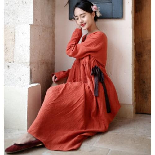 Plus size S-5XL 6XL WOMEN cotton linen dress,loose casual empire waist V-Neck long sleeve dress with pockets,vintage dress