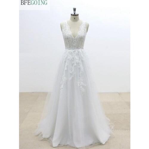 Ivory Tulle Lace V-Neck Sleeveless Bridal Gown Floor-Length A-Line Wedding Dress Court Train Custom Made