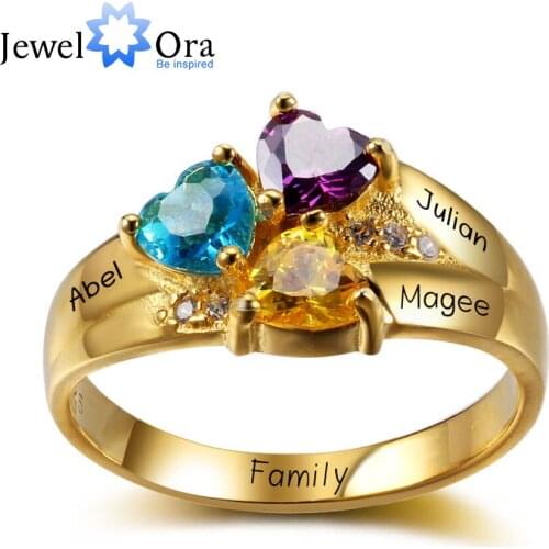 Personalised Rings Engrave Jewelry 3 Heart Birthstones 925 Sterling Silver Love Mother Rings Gift For Mommy (JewelOra RI102344)