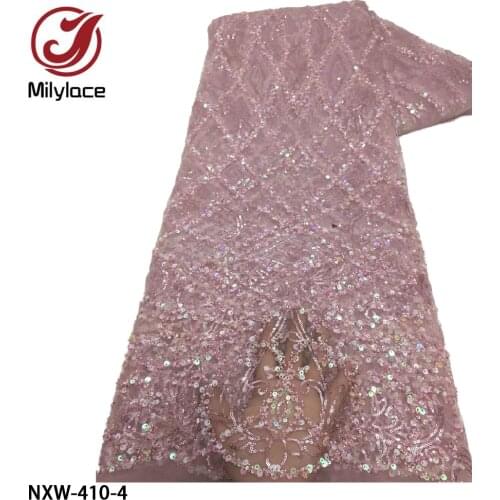 2021 Pink French Tulle Lace Fabric with Sequins Classic Embroidery Heavior Beaded Tube African Lace for Wedding Dress NXW-410