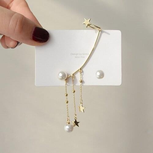 Asymmetric Korean Earrings Imitation Pearl Star Tassel Ear Hanging Clip Earrings for Women Minimalist Ear Cuff Fashion Jewelry