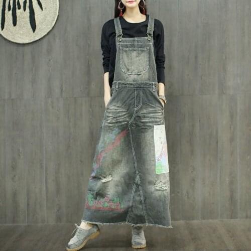 Free Shipping 2019 New Fashion Long Maxi Denim Dresses For Women One-piece Jeans Overalls Dresses With Hole Appliques Dresses
