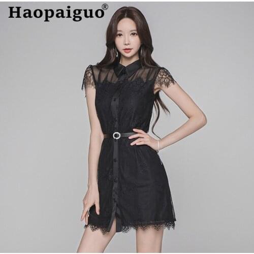Large Size Black Lace Dress Women with Sashes Short Sleeve Elegant Vintage Dress Women Korean Bodycon Mini Dress Summer 2019
