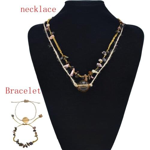 Bohemian Ethnic Gravel Necklace Bracelet Set Fashion Summer Rope Braided Acrylic Natural Stone Broken Double Layered Jewelry Set