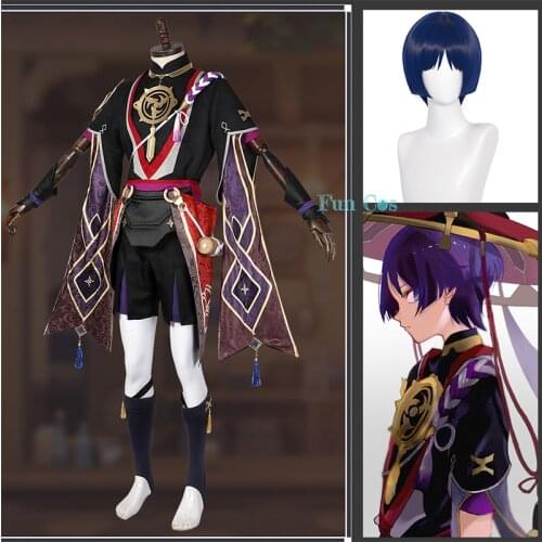 Game Genshin Impact Scaramouche Cosplay Costume Uniform Cloak Pants Bag Wig Anime Props Halloween Party Role Play Accessories