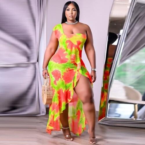 Cascading Ruffles Elegant Long Party Dresses for Women One Shoulder Skew Collar Bohemian Dress Summer Side High Split Vestidos