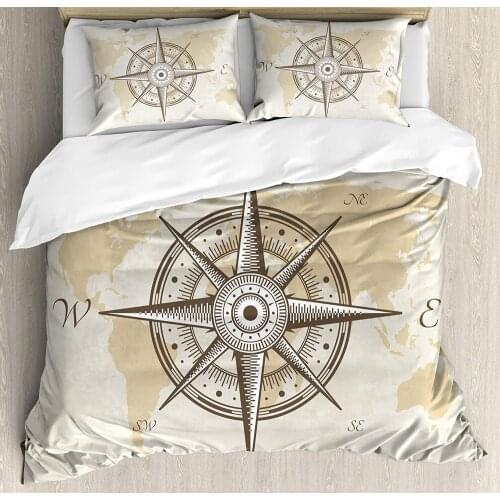 Compass Duvet Cover Set Queen Size Nautical Compass on Background Old Map with Torn Border Frame Illustration Print Decorative