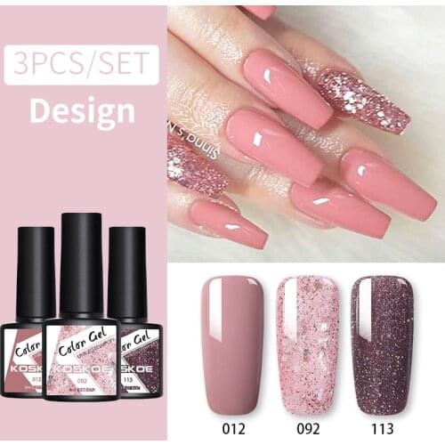 KOSKOE 8ml Gel Nail Polish Set 3Pcs Color Glitter Semi Permanent Hybrid Gel Varnish Base Top Coat Soak Off UV LED Nail Art Kit