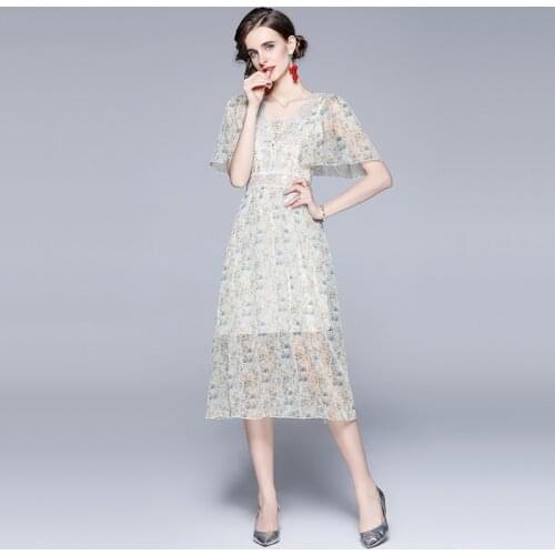 Summer Womens New V-neck Lace Sequined Palace Style Cut-out Temperament Floral Print Long Chiffon Dress