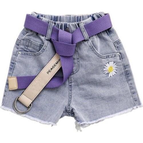 Summer New Girls Denim Shorts With free Purple Belt Western Style Wild Big Childrens Hot Pants thin Childrens Clothing