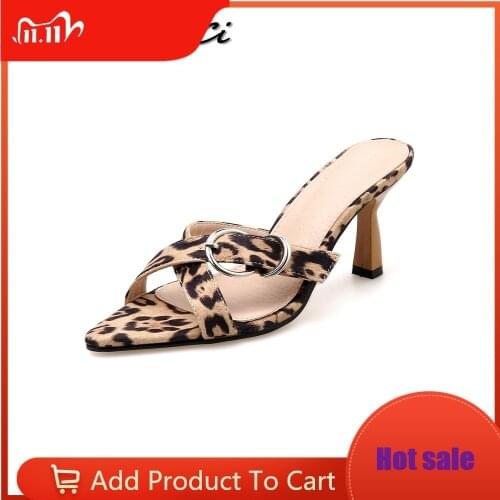 Summer Women High Heels Sandals Shoes Woman Cross Strap Buckle Slingback Leopard Party Wedding Pointed toe Sandals