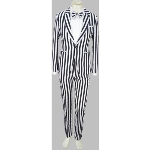 Jacket + pants new Black white stripes suit luxury personality suits male party blazers men wedding suit men fashion slim coat