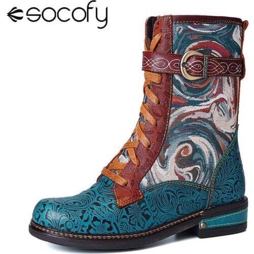 SOCOFY Botas Mujer Embossed Genuine Leather Splicing Fancy Pattern Lace Up Zipper Flat Short Boots Ladies Shoes Women Winter