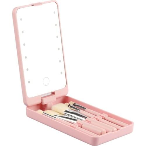 Led Mirror With Makeup Brush Touch Screen Makeup Mirror Rotatable Cosmetics Brushes Storage Box Folding Adjustable Brightness
