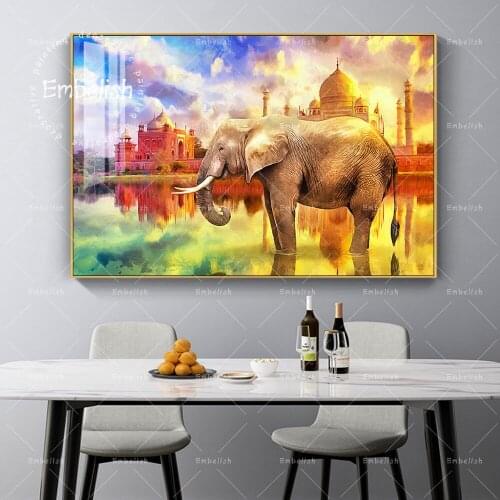 Embelish Sunset Animals Elephant With Taj Mahal India Artworks For Living Room Modern Home Decor HD Canvas Painting Wall Picture