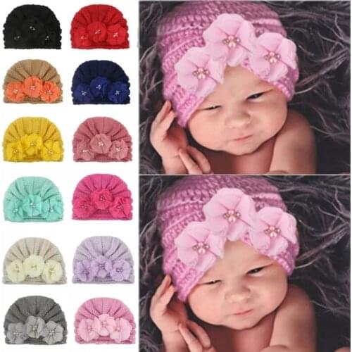 2020 Baby Accessories Clothing Infant Baby Girl Boy Winter Beanie Flower Warm Cap Crochet Knitted Pearls Hat Turban